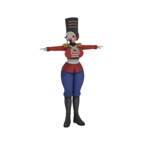 3D-Modell einer weiblichen Spielzeugsoldatin in roter Jacke, blauer Hose, schwarzen Stiefeln, in T-Pose mit stilisiertem, bla