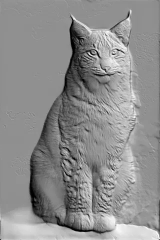 3D model of a lynx bas-relief, sitting in profile, with detailed fur and expressive eyes