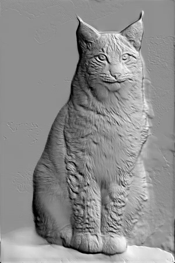 3D model of a lynx bas-relief, sitting in profile, with detailed fur and expressive eyes
