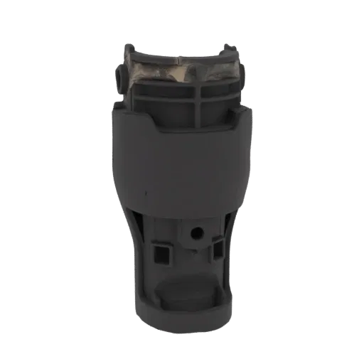 3D render of a dark gray mechanical component with visible internal structural elements against a black background.