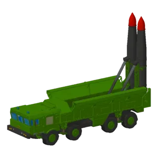 A 3D render of a green mobile missile launcher with two large rockets mounted on its back, set against a black background.