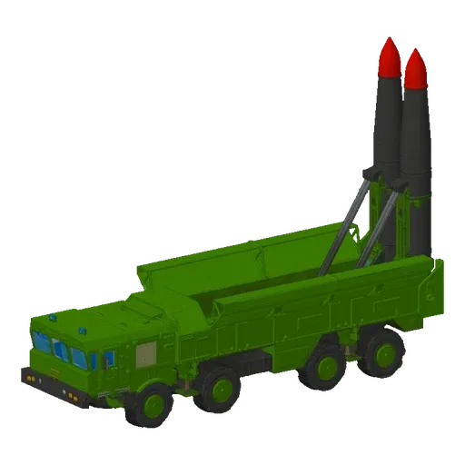 A 3D render of a green mobile missile launcher with two large rockets mounted on its back, set against a black background.
