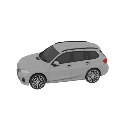Side view of a light gray 3D model of a BMW G21 Touring station wagon against a black background.