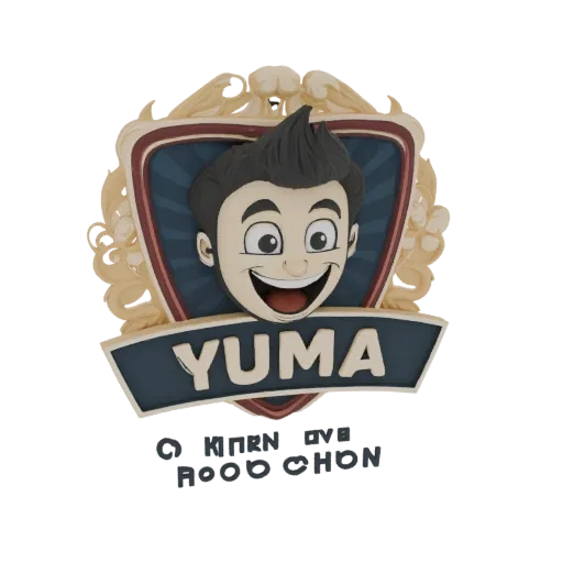 3D model of a Yuma character badge with a cartoon portrait and bold lettering, set in an ornate frame.