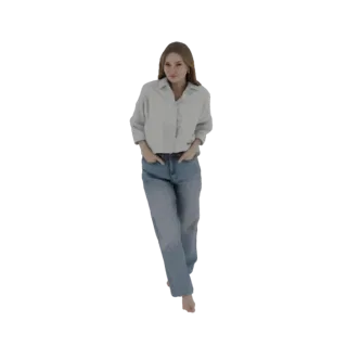 3D model of a young woman with long brown hair, wearing a white button-down shirt and blue jeans, walking with hands in pocke
