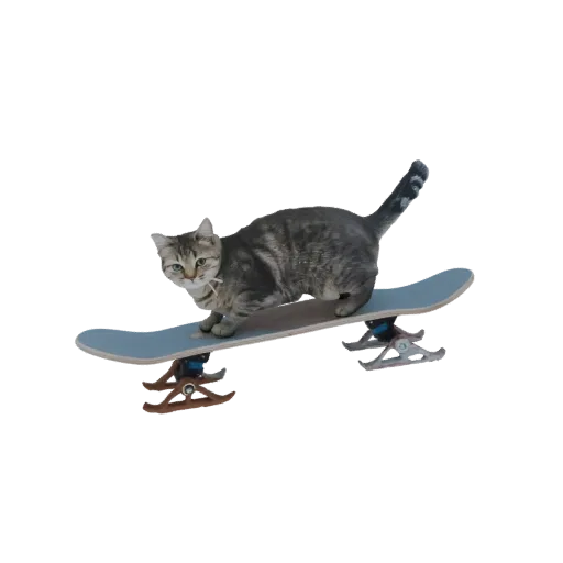 3D model of a grey tabby cat with green eyes riding a light blue skateboard, captured in a dynamic pose.