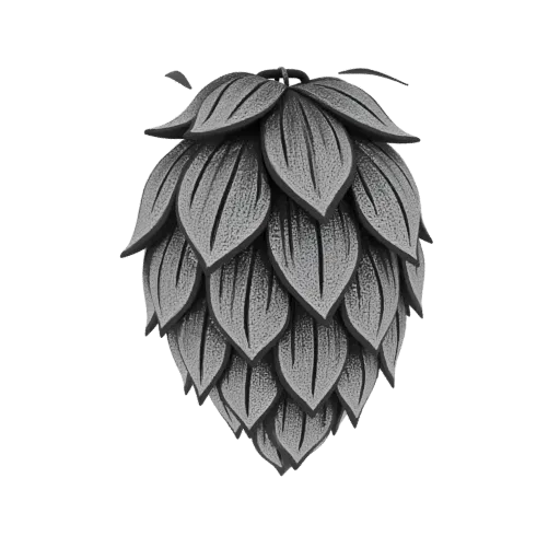 Modèle 3D détaillé d'un cône de houblon avec une surface texturée, présenté sur fond noir.