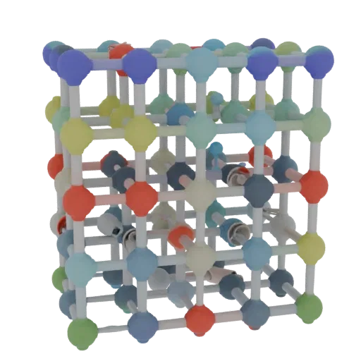 Protein Crystal Lattice Printable 3D model, isometric STL render, showing colored spheres, molecule layout.