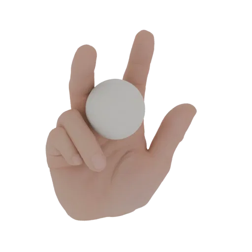 3D model of a realistic human hand holding a ping pong ball between thumb and index finger.