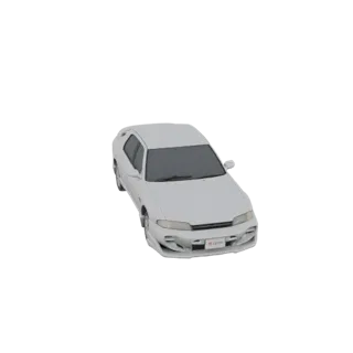 Un modello 3D di una berlina sportiva bianca degli anni '90, vista da un'angolazione anteriore sinistra leggermente elevata s