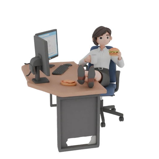 Office worker with burger and mug