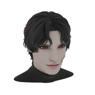 3D-Modell-Render einer Dark Fantasy Männerbüste mit schwarzen Haaren und einer Narbe im Gesicht, die einen schwarzen Rollkrag
