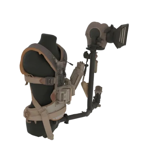 3D model of a weathered sci-fi tactical vest with an integrated camera rig, featuring multiple pouches and straps.