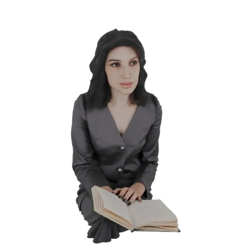 3D model of a woman in a dark grey suit, seated and reading an open book, with dark wavy hair.
