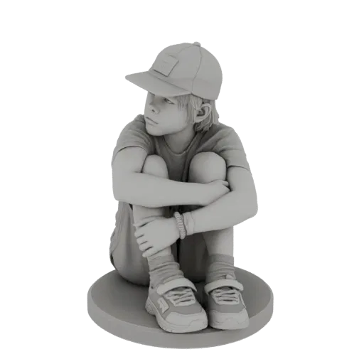 3D model of a young boy wearing a baseball cap, sitting with his knees hugged and looking to the side, on a circular base.