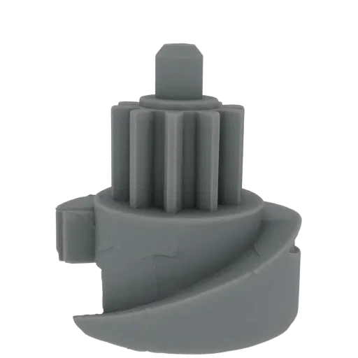3D model of a gray plastic gear assembly with visible cracks on its base and a prominent gear on top.