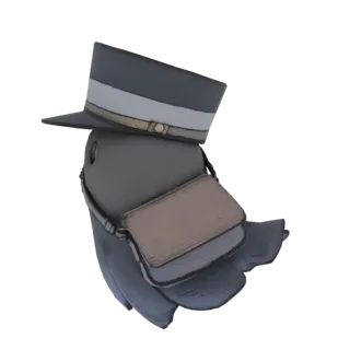 Modelo 3D de una paloma gris con sombrero oscuro y banda clara, y bolsa marrón, en pose dinámica.