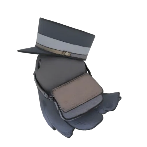 Modello 3D di un piccione grigio con cappello scuro e fascia chiara, e borsa marrone, in posa dinamica.