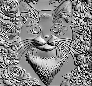 3D-Modell eines Katzen-Basreliefs, umgeben von Rosen und Blumen, im Medaillon-Stil