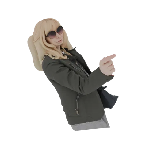 3D model of a woman with blonde hair and sunglasses, wearing a dark jacket, pointing her finger forward.