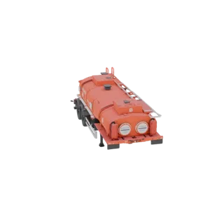 3D model of a bright orange tanker trailer with a cylindrical tank, dual rear compartments, and a ladder, viewed from a sligh