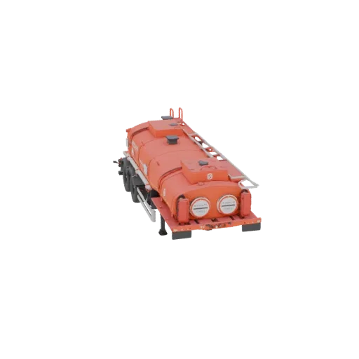 Modèle 3D d'une semi-remorque-citerne orange vif avec une cuve cylindrique, deux compartiments arrière et une échelle, vu sous un angle légèrement élevé.