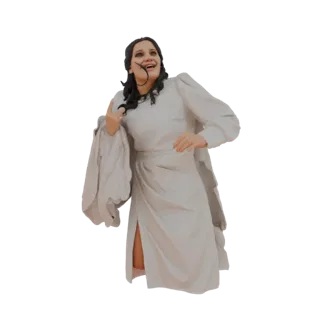 3D model of a woman in a flowing white gown with dramatic sleeves and a high slit, striking a graceful pose.