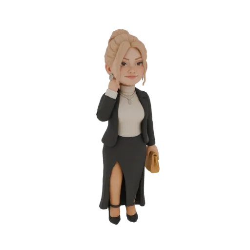 3D model of an elegant businesswoman in a dark suit, holding a clutch bag and posing confidently.