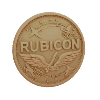 3D model of a coin with the inscription "Rubicon" and a depiction of wings, rendered in bronze color