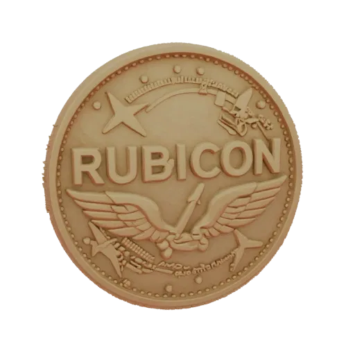 Modelo 3D de moeda com inscrição "Rubicão" e imagem de asas, em cor bronze