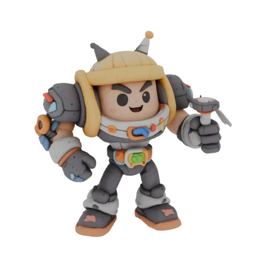 3D model of a cartoon fighter in a gray exoskeleton with a yellow helmet, holding a blaster, on a white background.