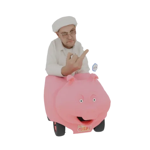AI-generated 3D model of a man in a white outfit riding a pink piggy ride-on toy, gesturing with his finger.