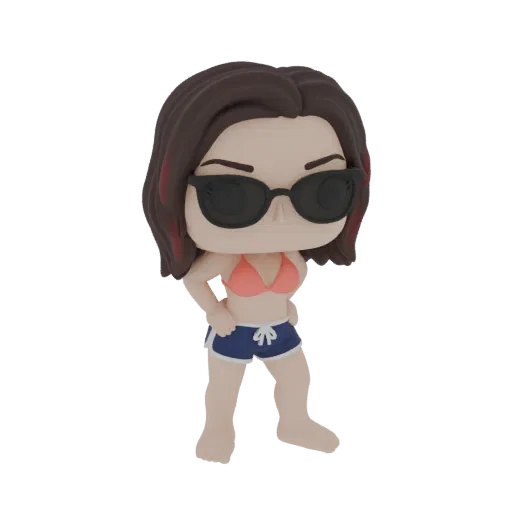 3D model of a stylized beach babe character in a Funko Pop style, wearing a coral bikini, blue shorts, and sunglasses.