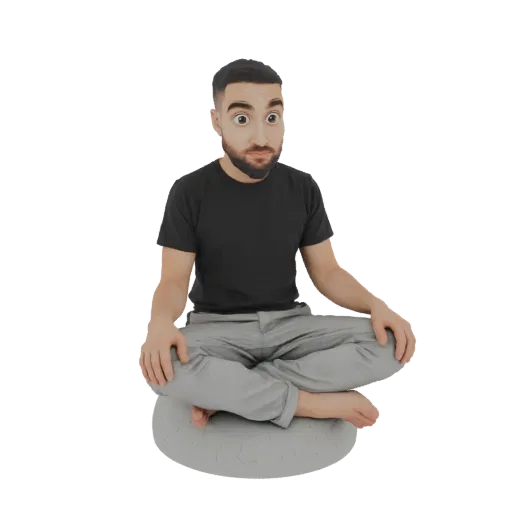 3D model of a man with wide, surprised eyes sitting in a lotus pose on a textured cushion, wearing a black t-shirt and grey p