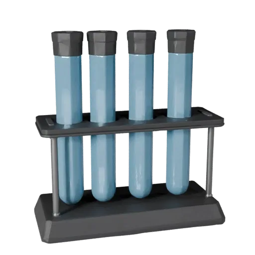 Research Test Tube Rack Low Poly 3D model, game viewport three-quarter view, showing glass, recognizable lab forms.