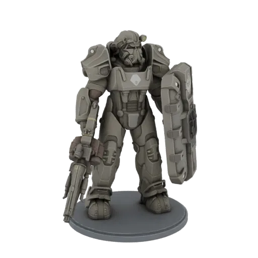 3D model of a Fallout T-45 Power Armor figure holding a rifle and shield, standing on a base.