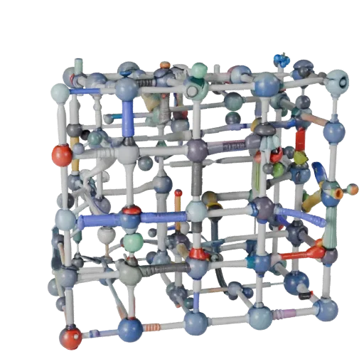 Protein Crystal Lattice Stylized 3D model, stylized isometric render, showing colored spheres, molecule layout.