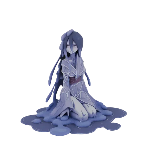 3D model of a translucent blue slime girl kneeling in a detailed kimono, with flowing slime elements forming a puddle around