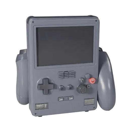 Mini Game Console Realistic 3D model, three-quarter studio render, showing matte plastic, console proportions.