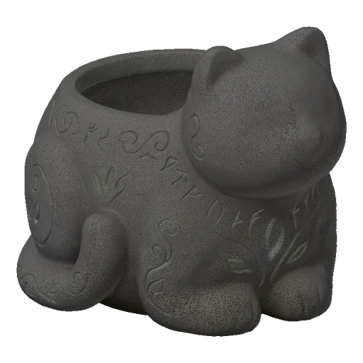 3D model of a gray ceramic cat planter with embossed swirls and leaf designs, viewed from the side.