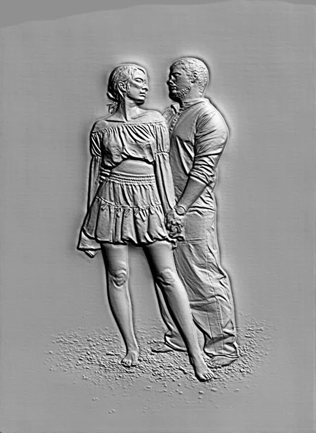Modelo 3D de bajorrelieve "Pareja enamorada", representando a un hombre y una mujer mirándose.