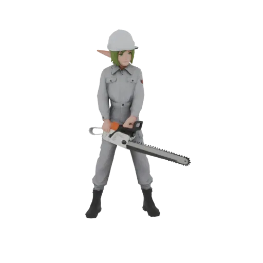 3D model of a green-haired elf character in a hard hat and grey overalls, holding a white and orange chainsaw.
