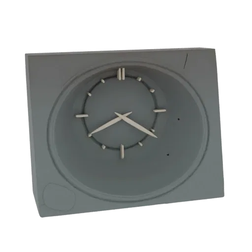 A 3D render of a gray retro alarm clock with a minimalist face and clear hour markers.
