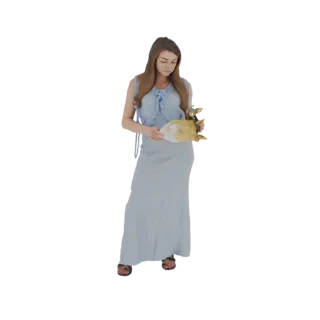 3D model of a woman with long brown hair wearing a light blue gown and holding a golden mask, viewed from the front.