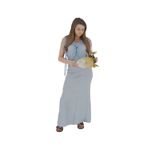 Modelo 3D de mujer con cabello castaño largo, vestida con un traje azul claro y sosteniendo una máscara dorada, vista frontal