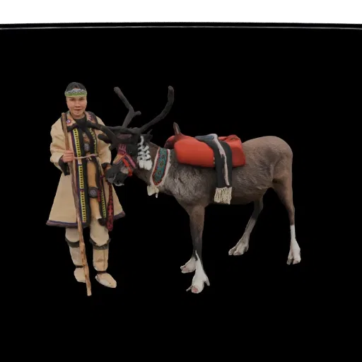 3D model of a Sami reindeer herder in traditional clothing, standing next to a saddled reindeer with decorative harness.