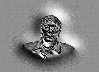 Modelo 3D de bajorrelieve de hombre con abrigo y bufanda, estilo grabado, con rasgos faciales expresivos y textura.