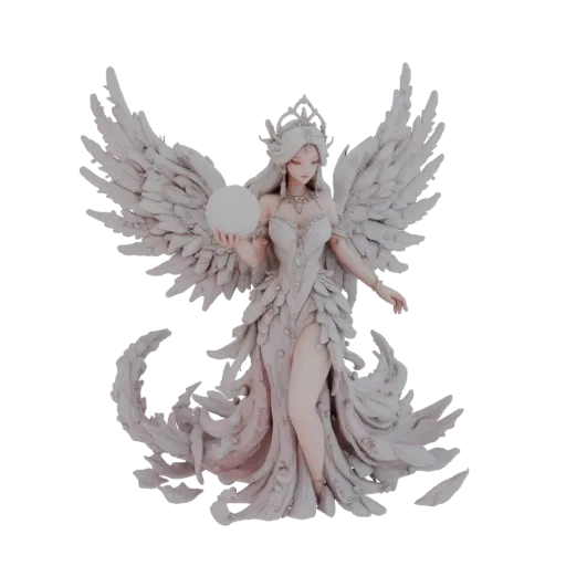 3D model of a graceful female phoenix spirit, the Ethereal Crystal Phoenix Guardian, with iridescent feathers and wings, hold