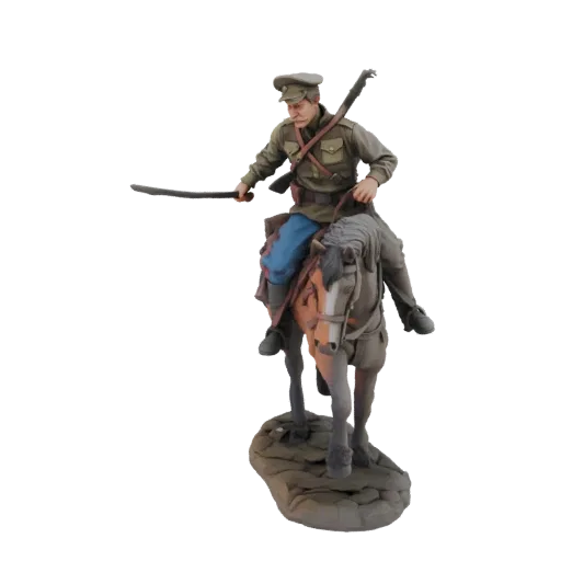 Modèle 3D d'un cavalier cosaqué en uniforme, tenant un sabre, chevauchant un cheval sur une base rocheuse.