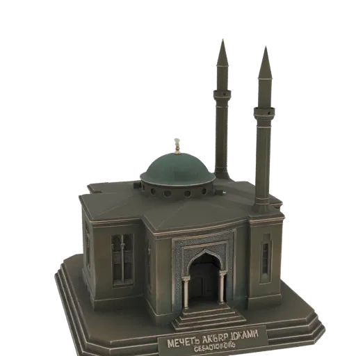 Un rendering 3D di una moschea in miniatura con cupola verde, minareti gemelli e dettagli intricati della facciata, presentat